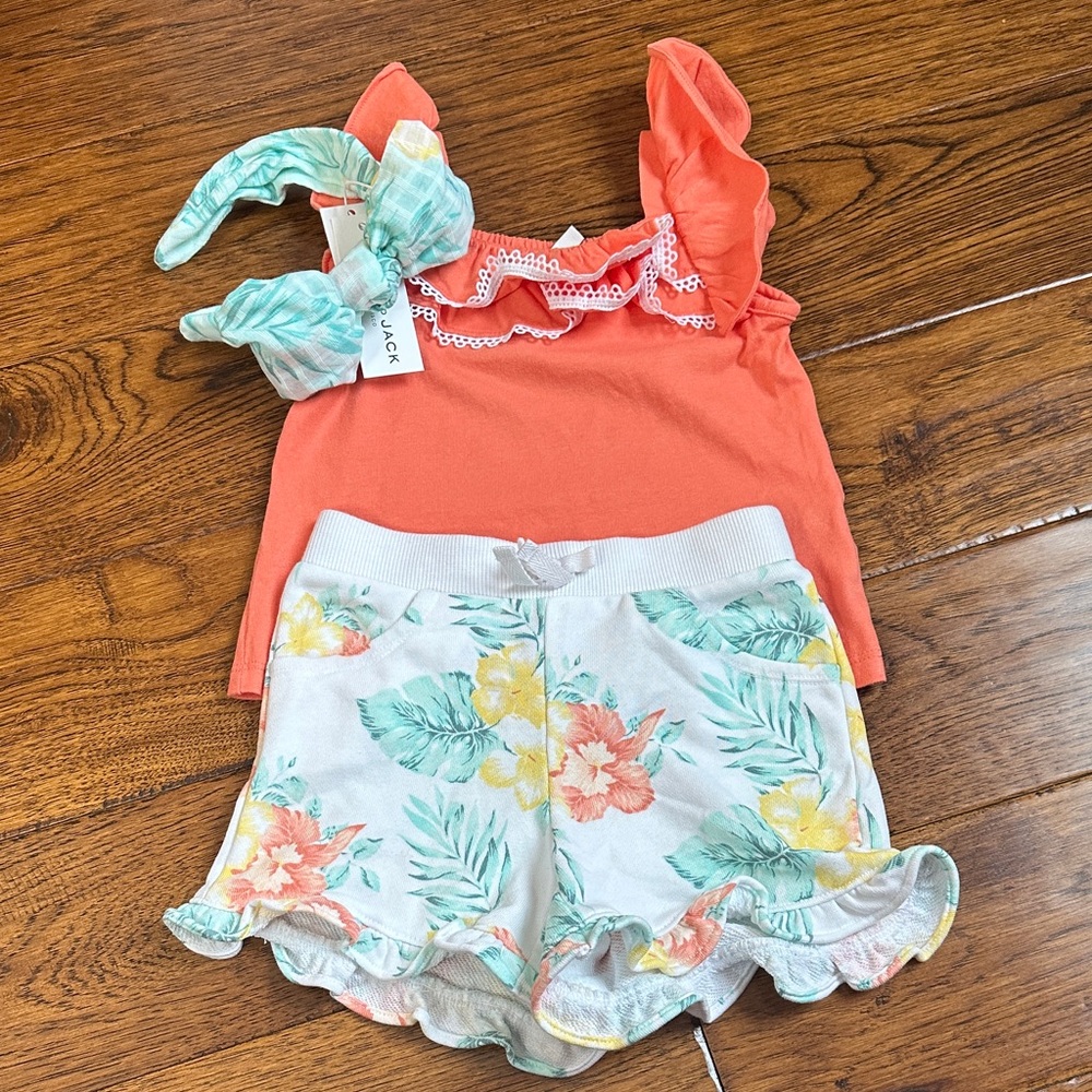 Coral Ruffle Top and Floral Shorts Set